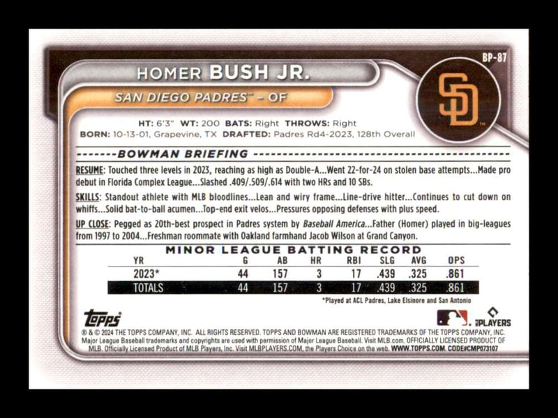 Load image into Gallery viewer, 2024 Bowman Homer Bush Jr. #BP-87 San Diego Padres Rookie RC Image 2
