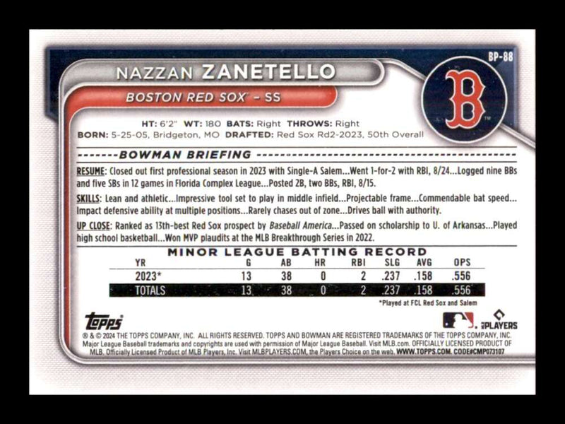 Load image into Gallery viewer, 2024 Bowman Nazzan Zanetello #BP-88 Boston Red Sox Rookie RC Image 2
