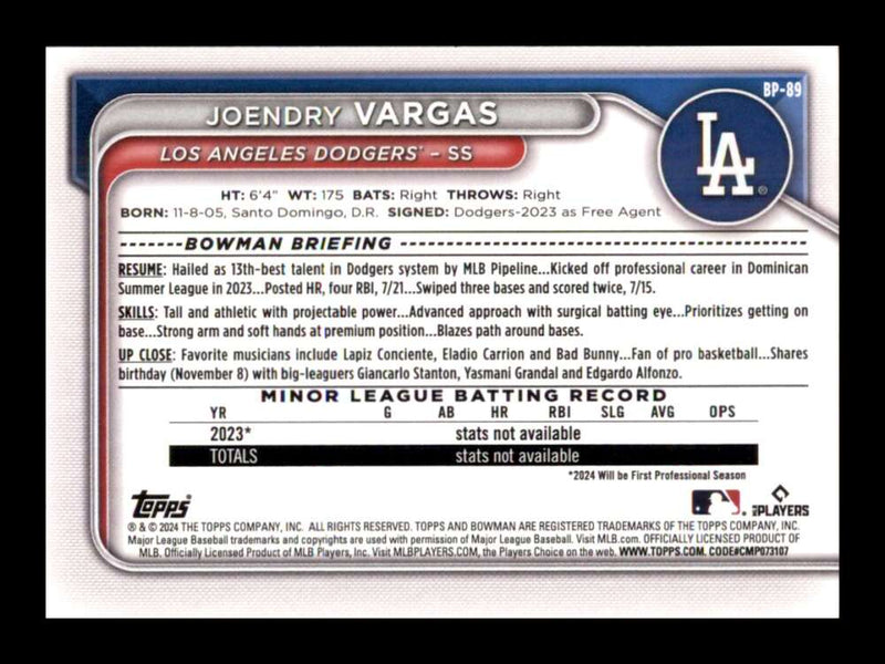 Load image into Gallery viewer, 2024 Bowman Joendry Vargas #BP-89 Los Angeles Dodgers Rookie RC Image 2
