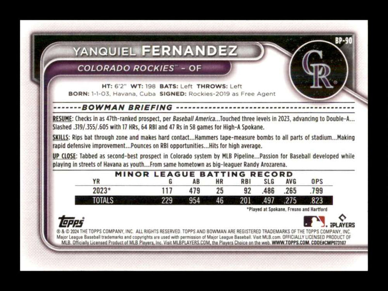 Load image into Gallery viewer, 2024 Bowman Yanquiel Fernandez #BP-90 Colorado Rockies Rookie RC Image 2
