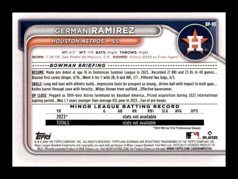 Load image into Gallery viewer, 2024 Bowman German Ramirez #BP-93 Houston Astros Rookie RC Image 2
