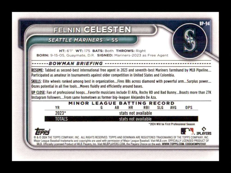 Load image into Gallery viewer, 2024 Bowman Felnin Celesten #BP-94 Seattle Mariners Rookie RC Image 2
