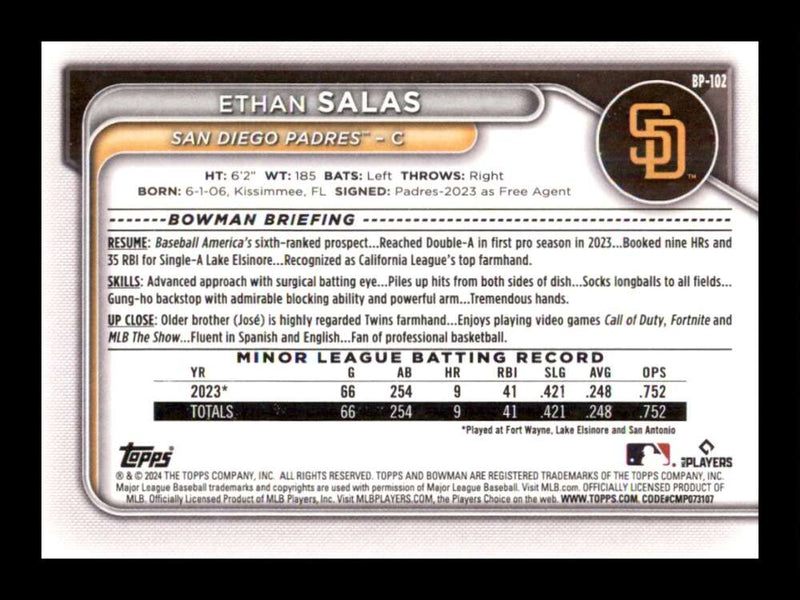 Load image into Gallery viewer, 2024 Bowman Ethan Salas #BP-102 San Diego Padres Rookie RC Image 2
