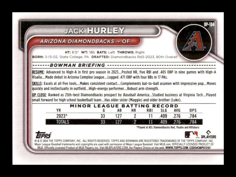 Load image into Gallery viewer, 2024 Bowman Jack Hurley #BP-104 Arizona Diamondbacks Rookie RC Image 2
