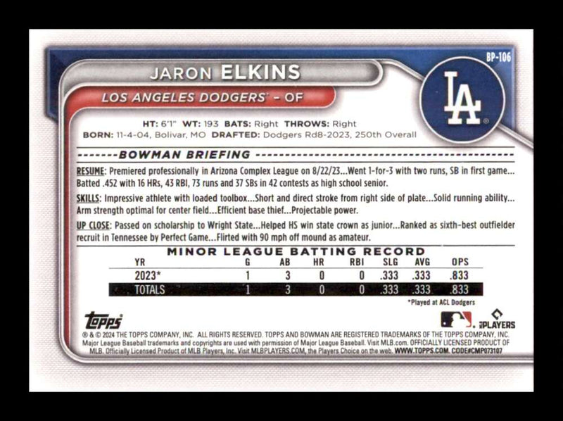 Load image into Gallery viewer, 2024 Bowman Jaron Elkins #BP-106 Los Angeles Dodgers Rookie RC Image 2
