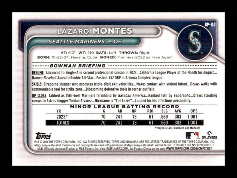 Load image into Gallery viewer, 2024 Bowman Lazaro Montes #BP-110 Seattle Mariners Rookie RC Image 2
