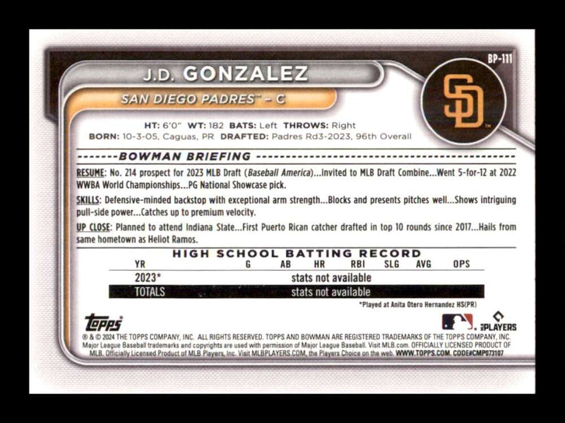 Load image into Gallery viewer, 2024 Bowman J.D. Gonzalez #BP-111 San Diego Padres Rookie RC Image 2
