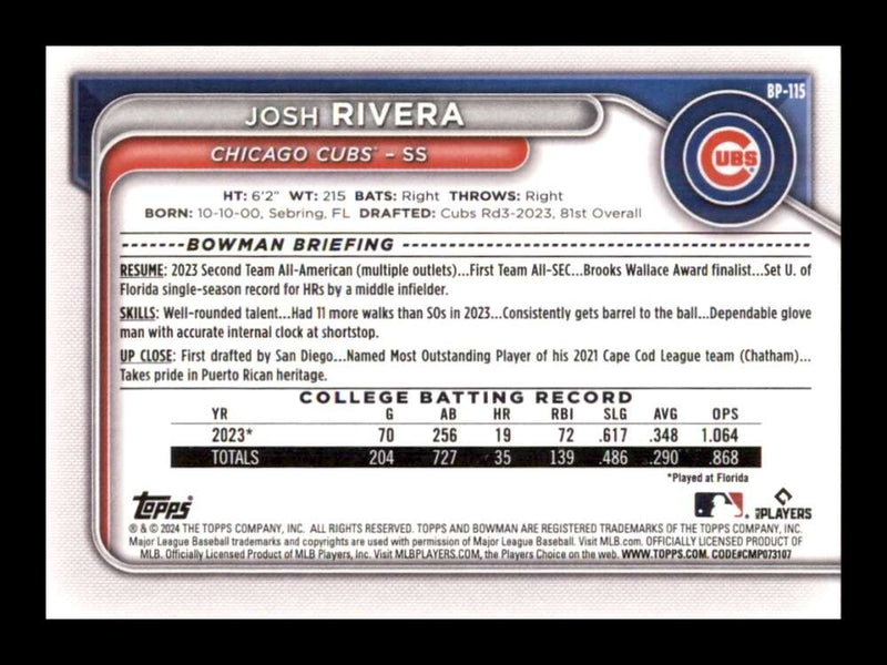 Load image into Gallery viewer, 2024 Bowman Josh Rivera #BP-115 Chicago Cubs Rookie RC Image 2
