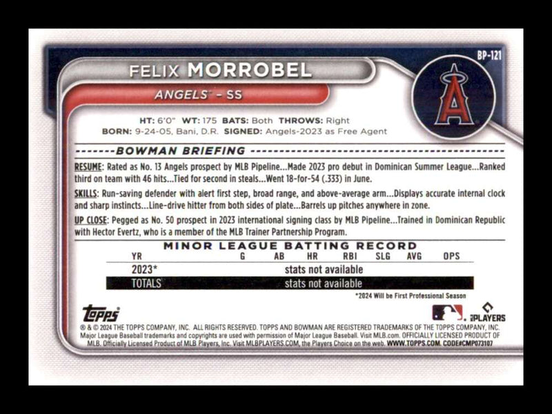 Load image into Gallery viewer, 2024 Bowman Felix Morrobel #BP-121 Los Angeles Angels Rookie RC Image 2
