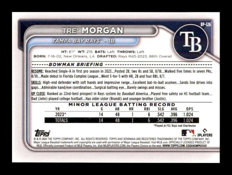 Load image into Gallery viewer, 2024 Bowman Tre&#39; Morgan #BP-126 Tampa Bay Rays Rookie RC Image 2
