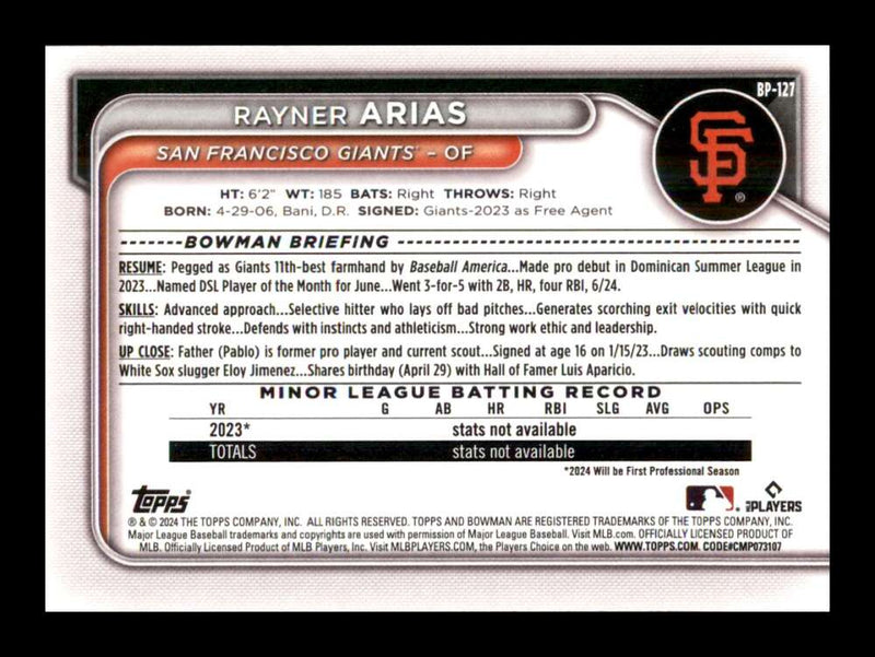 Load image into Gallery viewer, 2024 Bowman Rayner Arias #BP-127 San Francisco Giants Rookie RC Image 2
