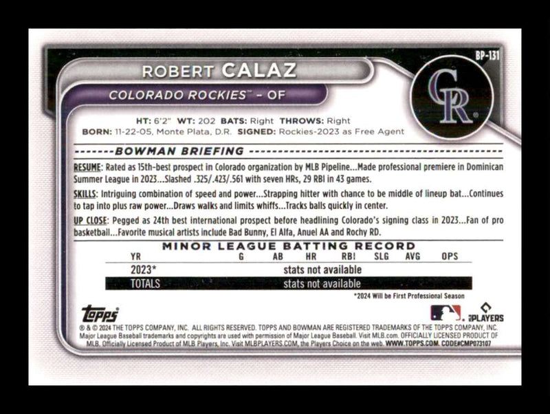 Load image into Gallery viewer, 2024 Bowman Robert Calaz #BP-131 Colorado Rockies Rookie RC Image 2
