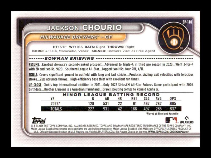 Load image into Gallery viewer, 2024 Bowman Jackson Chourio #BP-140 Milwaukee Brewers Rookie RC Image 2
