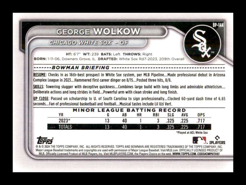 Load image into Gallery viewer, 2024 Bowman George Wolkow #BP-144 Chicago White Sox Rookie RC Image 2
