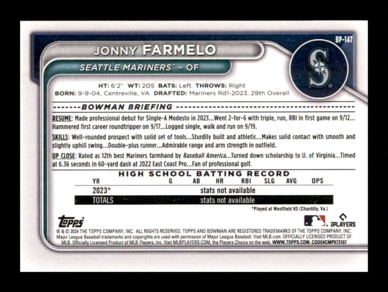 Load image into Gallery viewer, 2024 Bowman Jonny Farmelo #BP-147 Seattle Mariners Rookie RC Image 2
