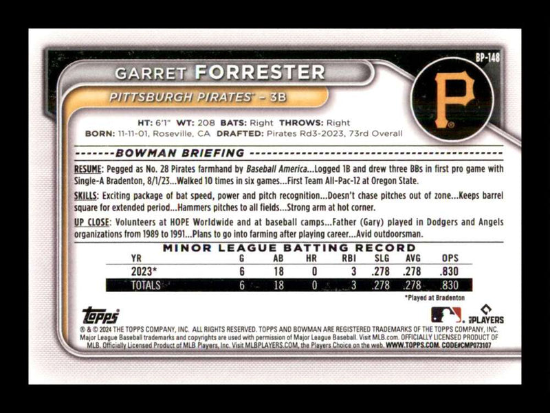 Load image into Gallery viewer, 2024 Bowman Garret Forrester #BP-148 Pittsburgh Pirates Rookie RC Image 2
