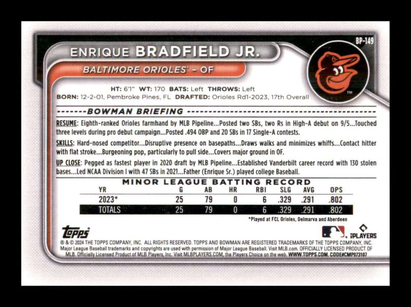 Load image into Gallery viewer, 2024 Bowman Enrique Bradfield Jr #BP-149 Baltimore Orioles Rookie RC Image 2
