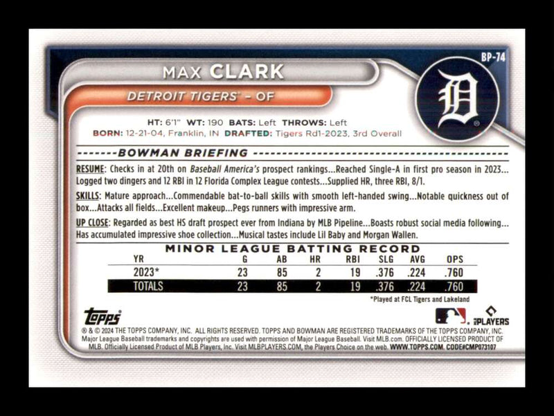 Load image into Gallery viewer, 2024 Bowman Prospects Fuchsia Max Clark #BP-74 Detroit Tigers /299  Image 2
