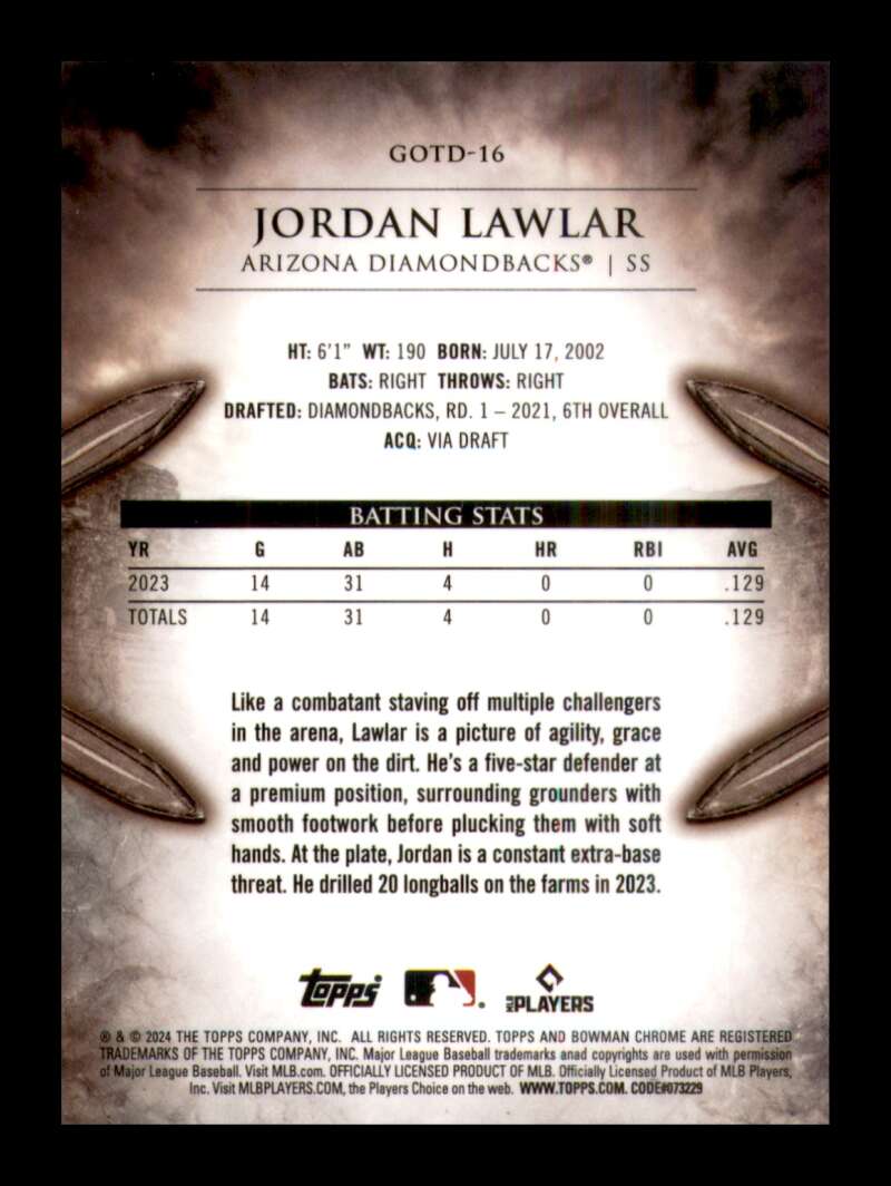 Load image into Gallery viewer, 2024 Bowman Gladiators of the Diamond Refractor Jordan Lawlar #GOTD-16 Arizona Diamondbacks  Image 2
