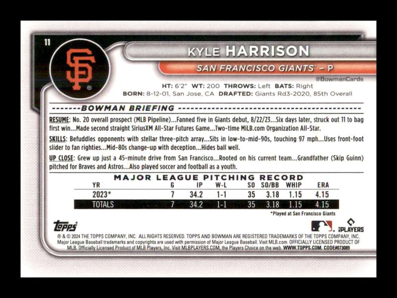 Load image into Gallery viewer, 2024 Bowman Kyle Harrison #11 San Francisco Giants Rookie RC  Image 2
