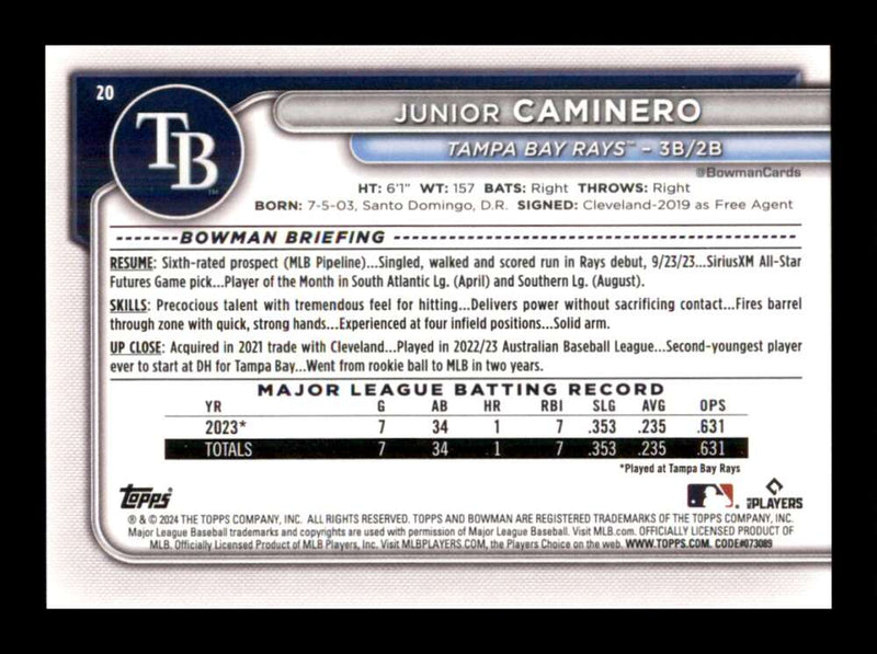 Load image into Gallery viewer, 2024 Bowman Junior Caminero #20 Tampa Bay Rays Rookie RC  Image 2
