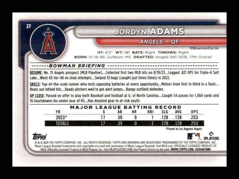 Load image into Gallery viewer, 2024 Bowman Jordyn Adams #27 Los Angeles Angels Rookie RC  Image 2
