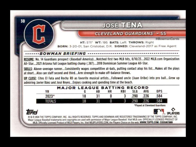 Load image into Gallery viewer, 2024 Bowman Jose Tena #30 Cleveland Guardians Rookie RC  Image 2
