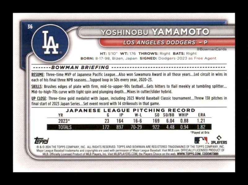 Load image into Gallery viewer, 2024 Bowman Yoshinobu Yamamoto #36 Los Angeles Dodgers Rookie RC  Image 2
