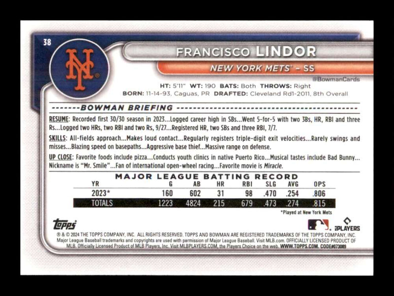 Load image into Gallery viewer, 2024 Bowman Francisco Lindor #38 New York Mets  Image 2
