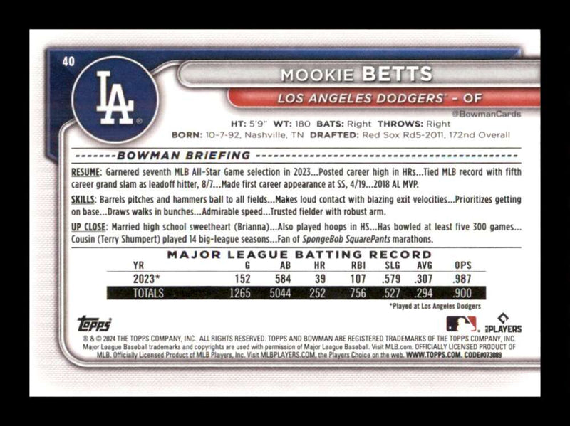 Load image into Gallery viewer, 2024 Bowman Mookie Betts #40 Los Angeles Dodgers  Image 2
