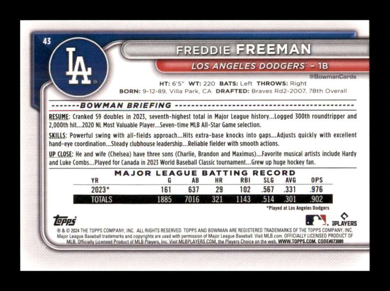 Load image into Gallery viewer, 2024 Bowman Freddie Freeman #43 Los Angeles Dodgers  Image 2
