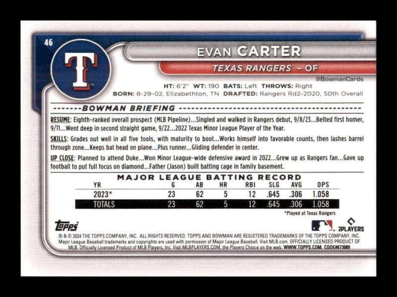 Load image into Gallery viewer, 2024 Bowman Evan Carter #46 Texas Rangers Rookie RC  Image 2
