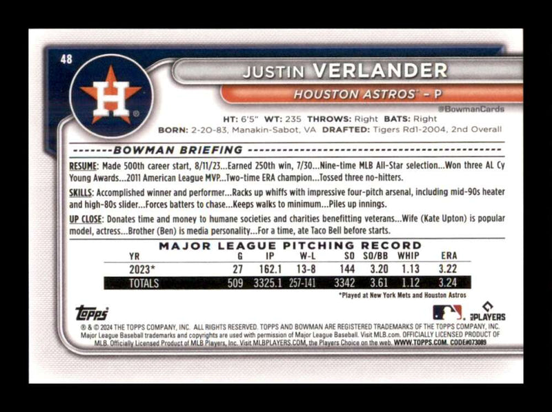 Load image into Gallery viewer, 2024 Bowman Justin Verlander #48 Houston Astros  Image 2
