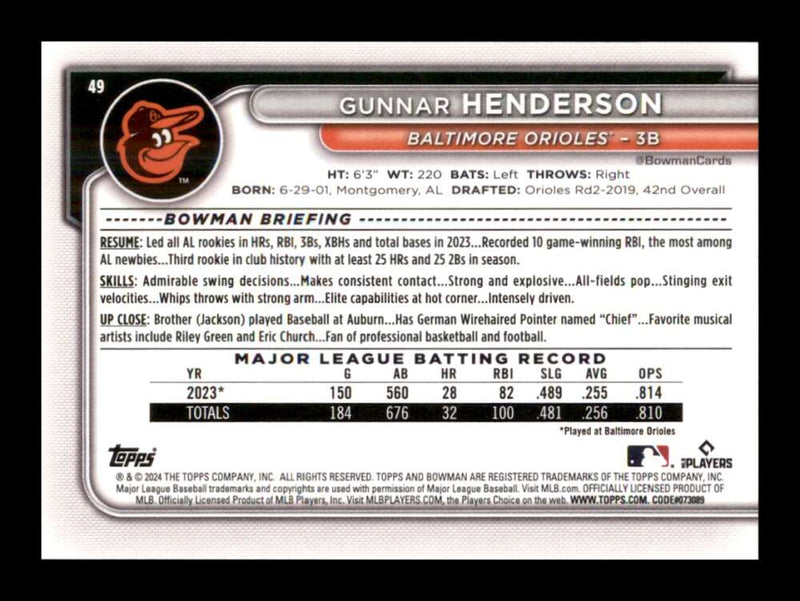 Load image into Gallery viewer, 2024 Bowman Gunnar Henderson #49 Baltimore Orioles  Image 2
