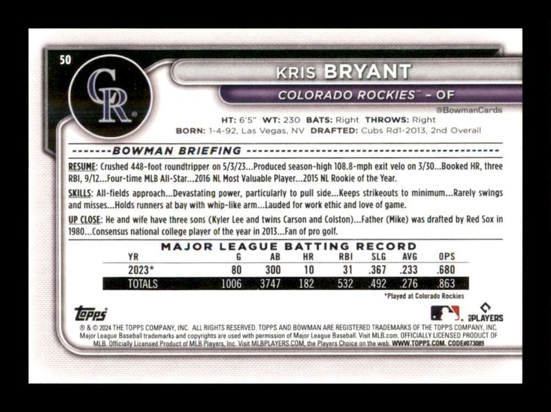 Load image into Gallery viewer, 2024 Bowman Kris Bryant #50 Colorado Rockies  Image 2
