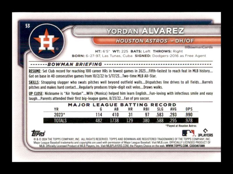 Load image into Gallery viewer, 2024 Bowman Yordan Alvarez #53 Houston Astros  Image 2
