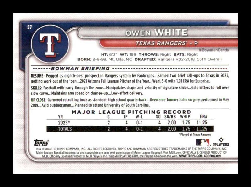 Load image into Gallery viewer, 2024 Bowman Owen White #57 Texas Rangers Rookie RC  Image 2
