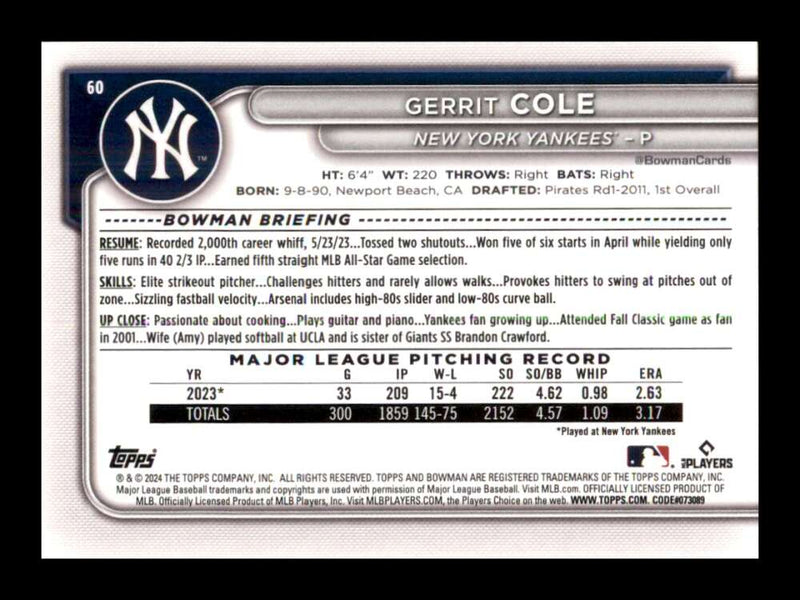 Load image into Gallery viewer, 2024 Bowman Gerrit Cole #60 New York Yankees  Image 2
