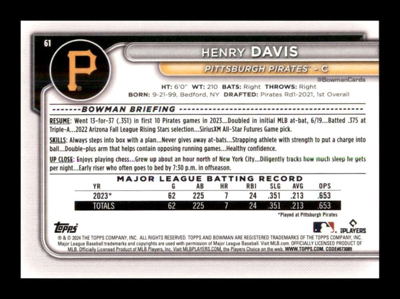 Load image into Gallery viewer, 2024 Bowman Henry Davis #61 Pittsburgh Pirates Rookie RC  Image 2
