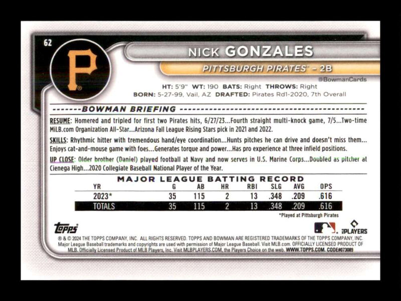 Load image into Gallery viewer, 2024 Bowman Nick Gonzales #62 Pittsburgh Pirates Rookie RC  Image 2
