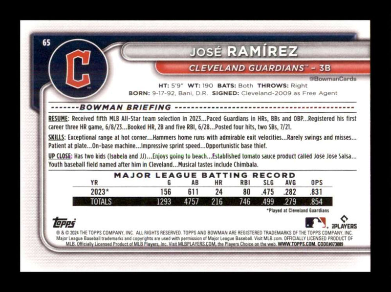 Load image into Gallery viewer, 2024 Bowman Jose Ramirez #65 Cleveland Guardians  Image 2
