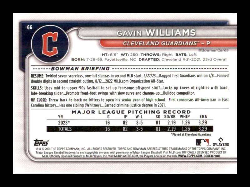 Load image into Gallery viewer, 2024 Bowman Gavin Williams #66 Cleveland Guardians Rookie RC  Image 2
