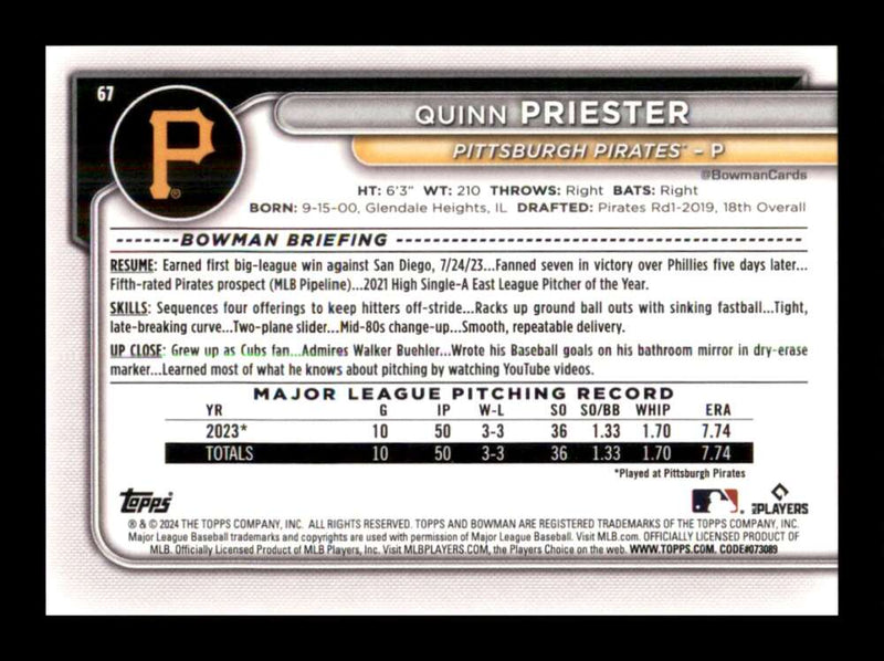 Load image into Gallery viewer, 2024 Bowman Quinn Priester #67 Pittsburgh Pirates Rookie RC  Image 2
