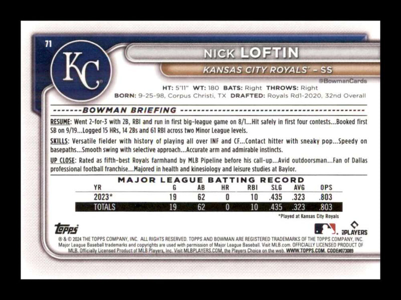 Load image into Gallery viewer, 2024 Bowman Nick Loftin #71 Kansas City Royals Rookie RC  Image 2

