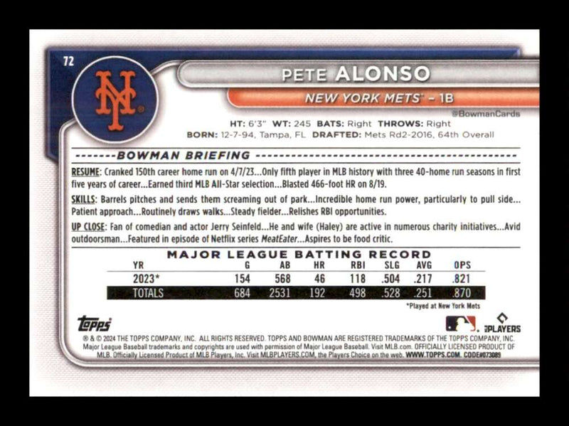 Load image into Gallery viewer, 2024 Bowman Pete Alonso #72 New York Mets  Image 2
