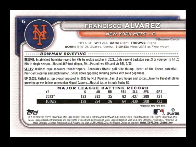 Load image into Gallery viewer, 2024 Bowman Francisco Alvarez #75 New York Mets  Image 2
