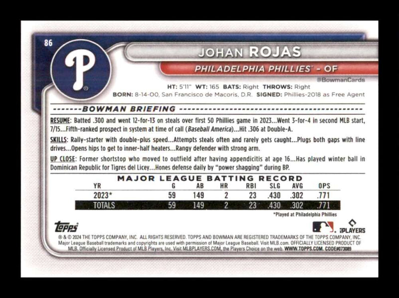 Load image into Gallery viewer, 2024 Bowman Johan Rojas #86 Philadelphia Phillies Rookie RC  Image 2
