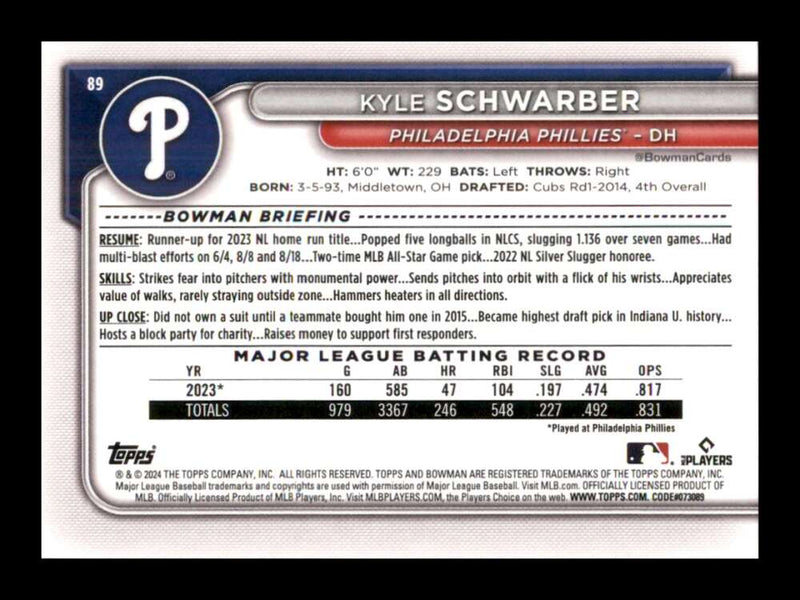 Load image into Gallery viewer, 2024 Bowman Kyle Schwarber #89 Philadelphia Phillies  Image 2
