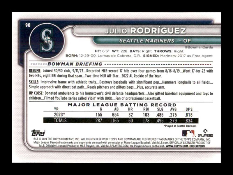 Load image into Gallery viewer, 2024 Bowman Julio Rodriguez #90 Seattle Mariners  Image 2
