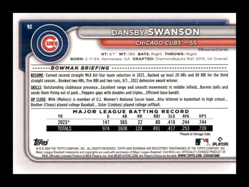 Load image into Gallery viewer, 2024 Bowman Dansby Swanson #92 Chicago Cubs  Image 2
